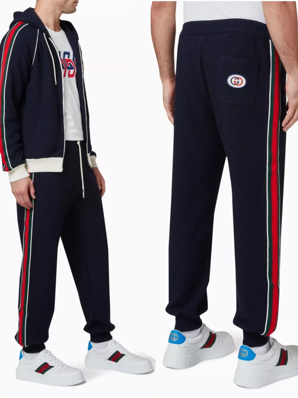 GUCCI PANTS MENS INK BLUE JOGGING WOOL JERSEY w WEB STRIPE LOGO PATCH M MEDIUM